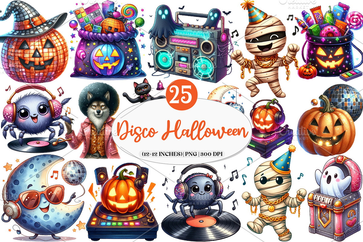 Disco Halloween Clipart, an Illustration by Watercolor design (Photo 1 of 4)