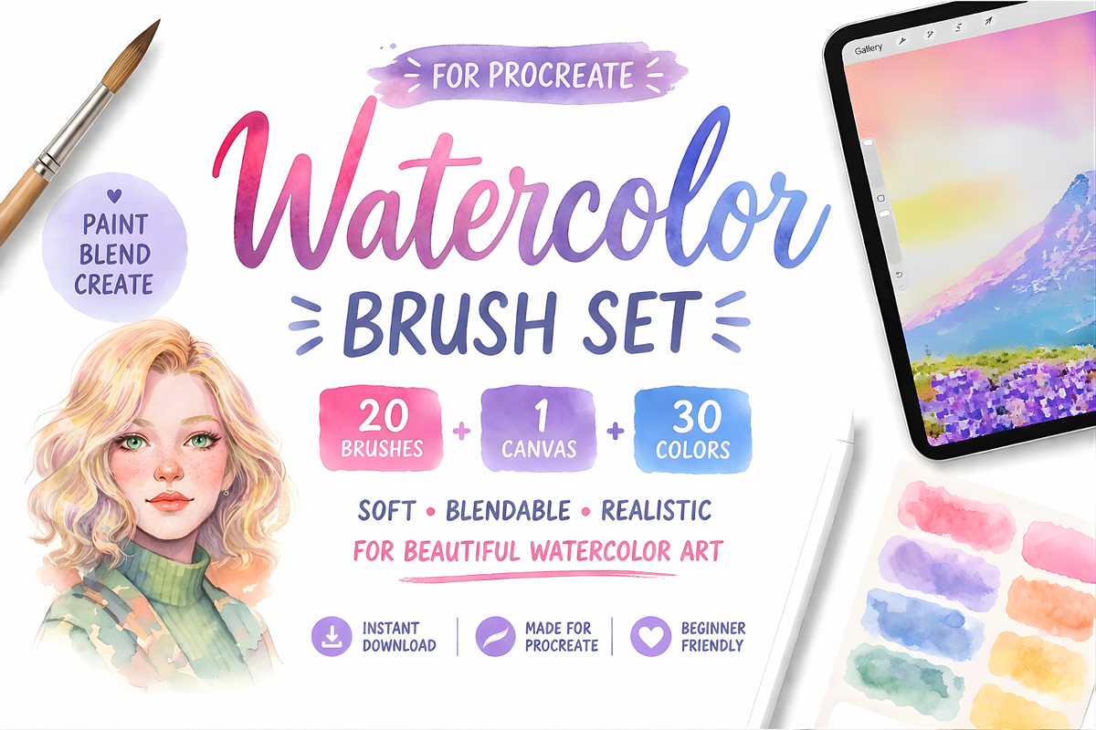 WATERCOLOR REALISTIC PROCREATE BRUSH, a Brush Add-On by BeeRubby (Photo 1 of 4)