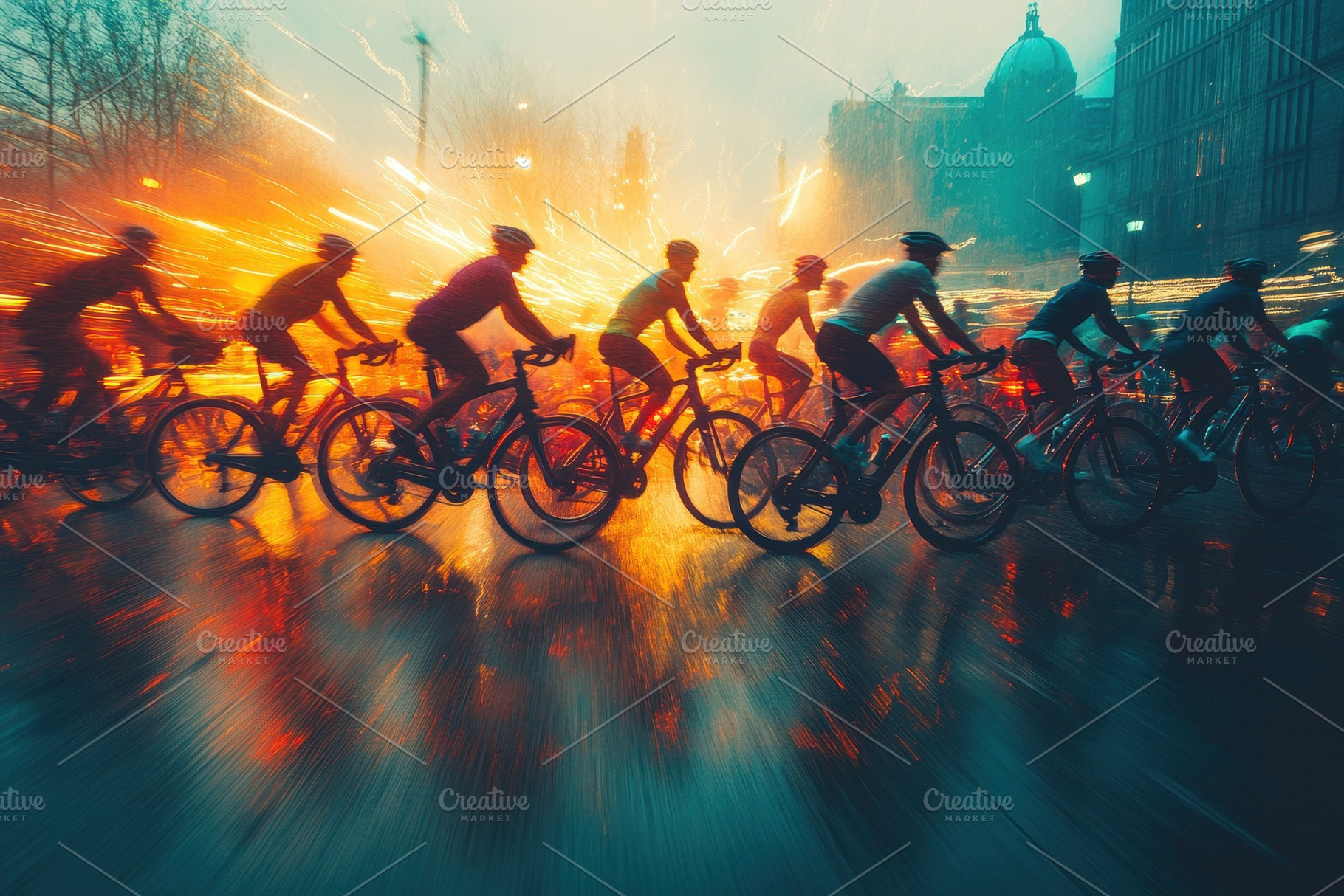 Cyclists navigating through a rainy, a Photo by Tanuart