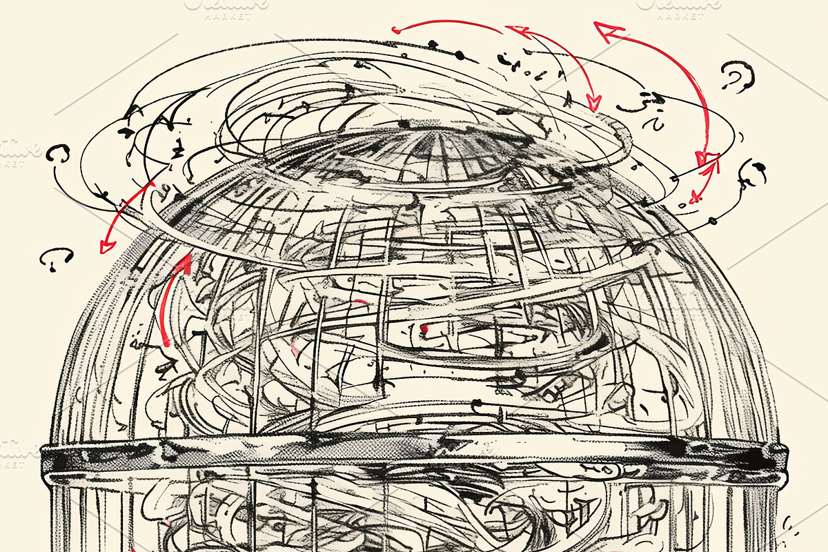 Illustration of a businessman in a cage symbolizing entrapment and inner strugg, an Illustration by AS photostudio