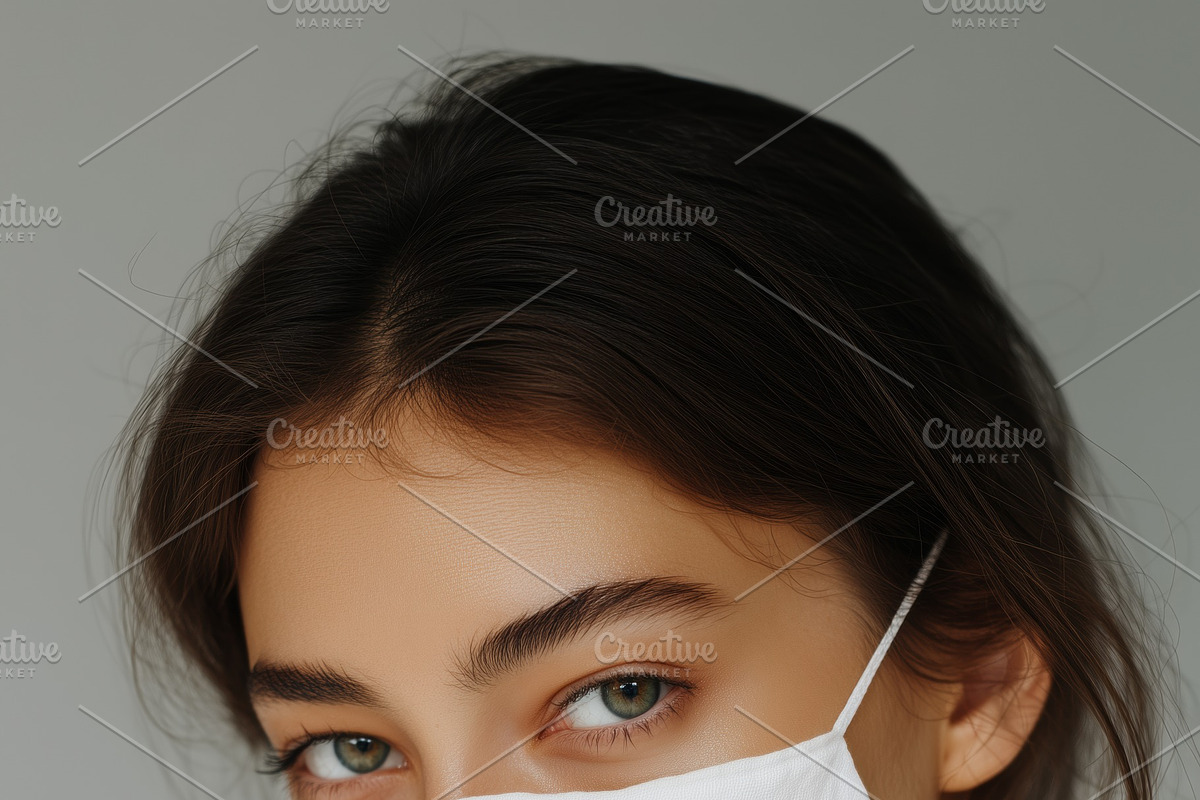 A young woman wearing a white face mask mockup, with natural makeup and soft li, a Mask Mockup by Textures & Backgrounds