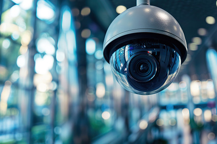 Modern public CCTV camera on wall on blurred building background, a Technology Photo by AlyaAnd