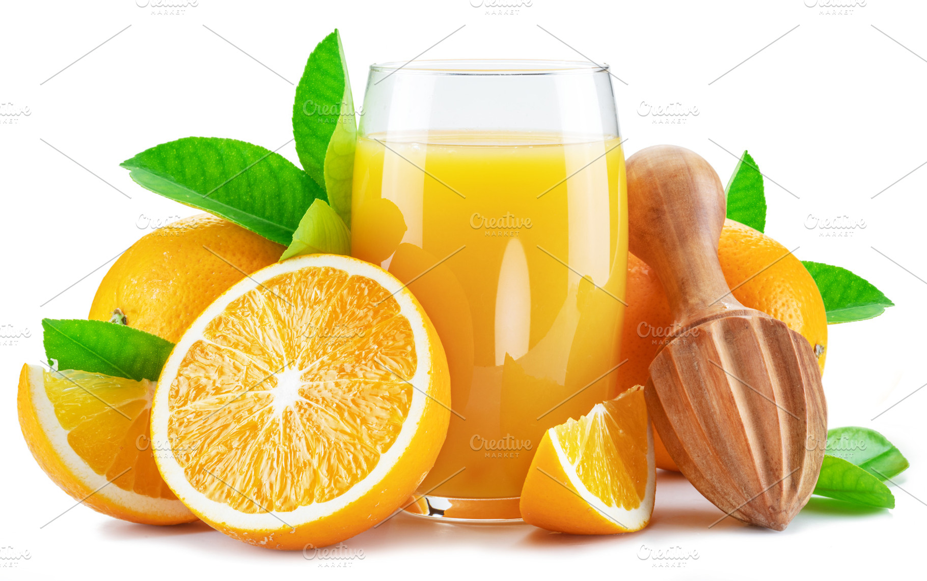 Glass of fresh orange juice and orange fruits isolated on white, a Food & Drink Photo by Volff