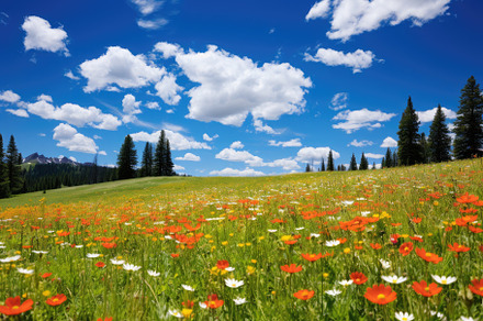 Meadow with poppies and mountains in, a Photo by Iftikhar Alam
