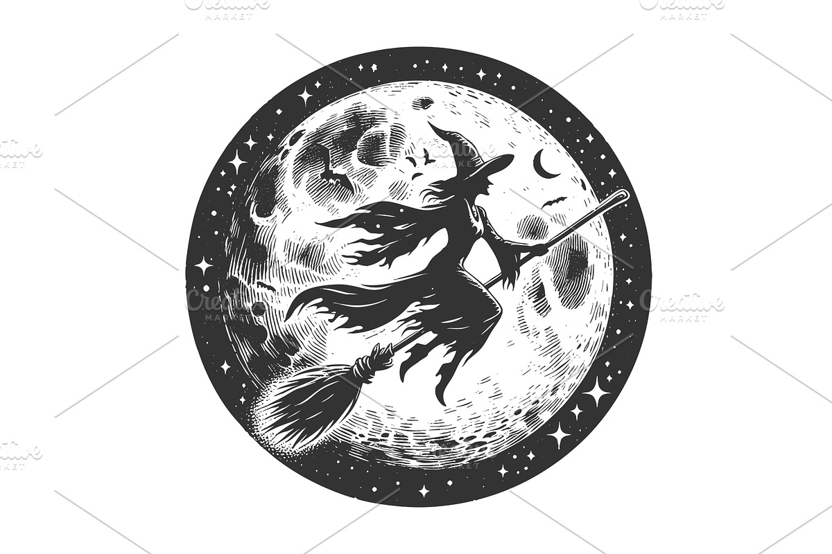 witch flying on broom across moon, an Illustration by AlexArt