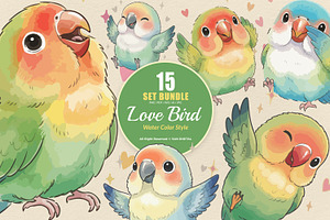 15 Bundle Watercolor Love Bird Cute, an Animal Illustration by Morspective