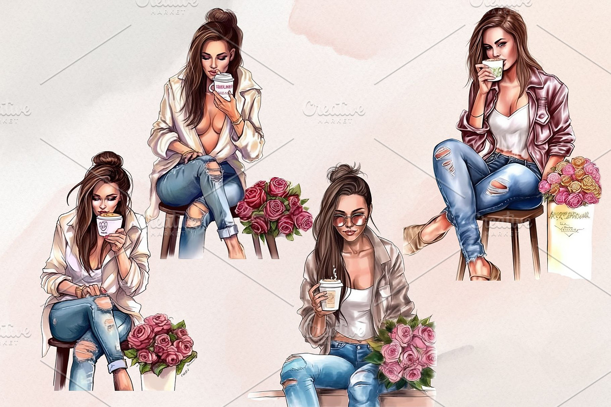 8 Watercolor Coffee Fashion Girl PNG, a Decorative Illustration by Jalina Clipart Studio (Photo 4 of 7)