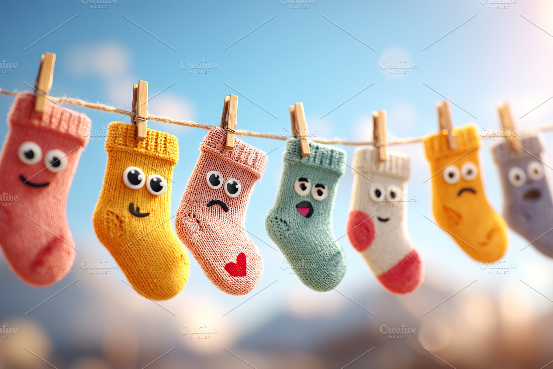 Colorful knitted socks with faces hanging on a clothesline against a blue sky d, a Photo by AlyaAnd