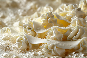 Close-up of delicate whipped cream swirls atop a frothy surface,, a Food & Drink Photo by ImageMir