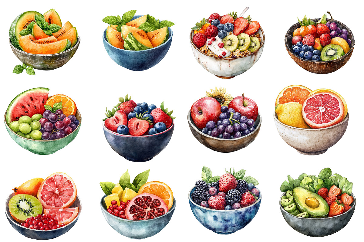 Watercolor Healthy Fruit Bowls Clipa, an Illustration by Designworld (Photo 3 of 5)