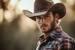 Cowboy in checkered shirt with hat against natural background during golden hou, a Person Photo by AlyaAnd