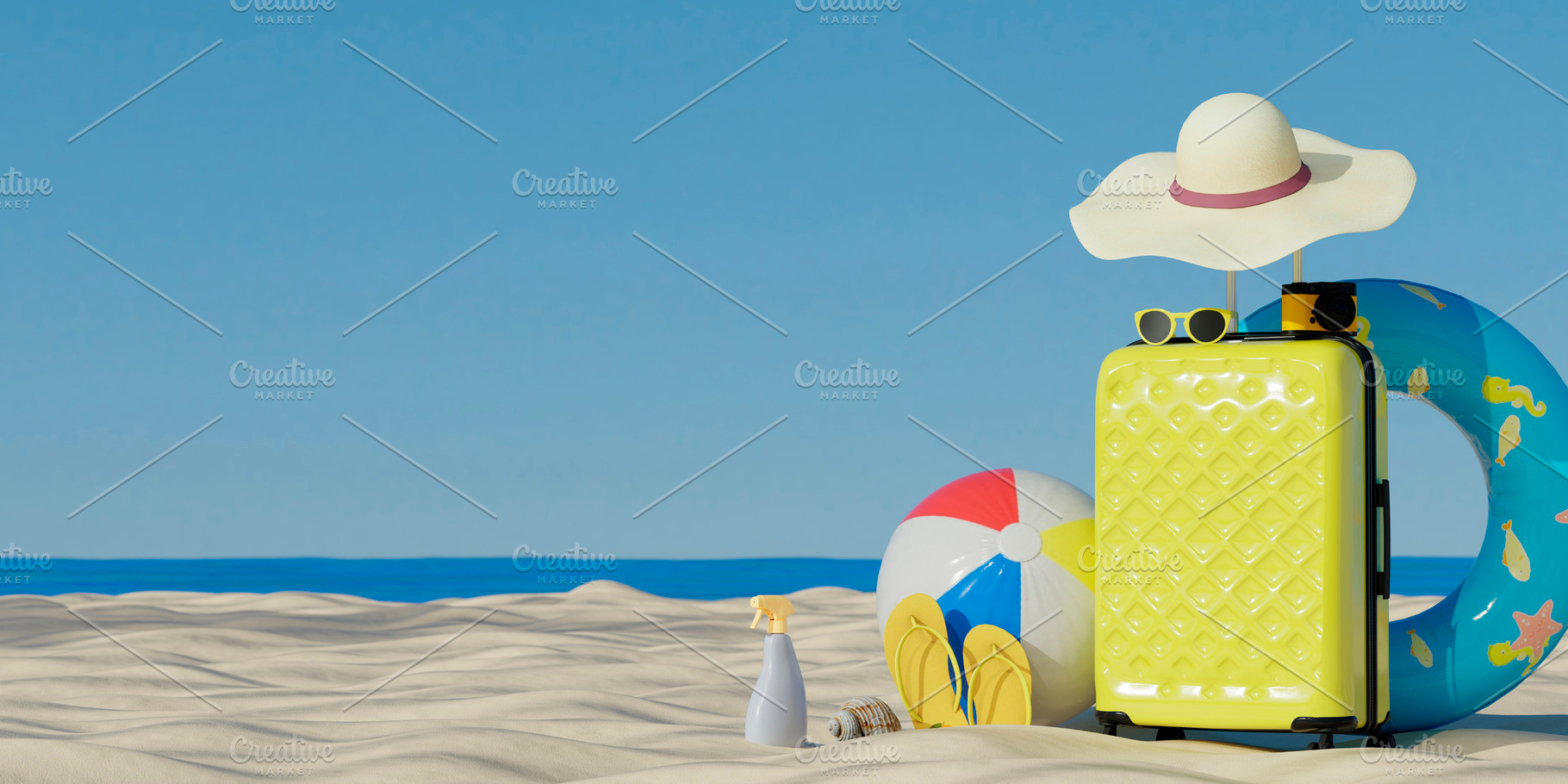 Summer beach luggage with vacation accessories and ball, a Holiday Photo by RF Images