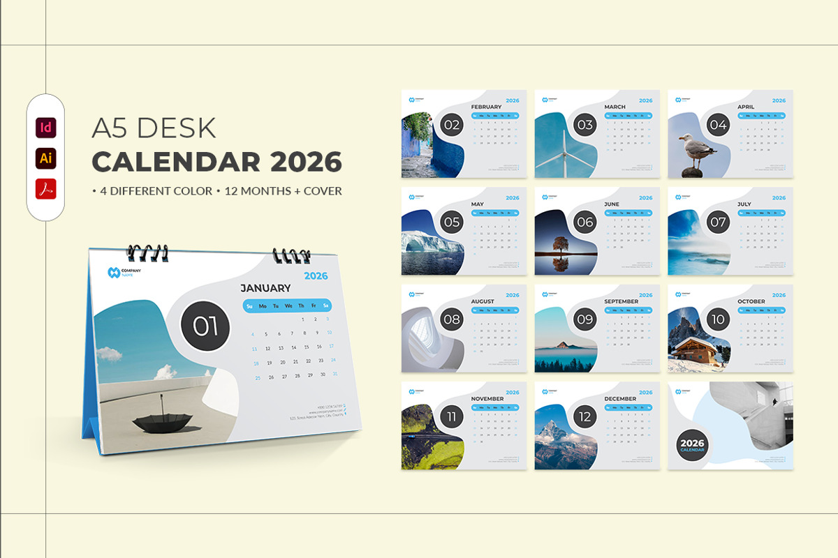 A5 Calendar 2026 Template, a Stationery Template by MstArtwork (Photo 1 of 5)