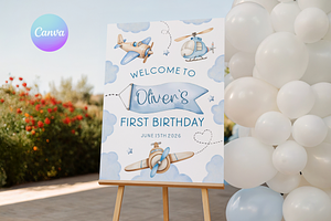 Airplane First Birthday Welcome Sign, a Templates & Theme by VeliusCreativeStudio