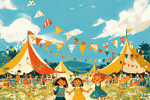 Three children joyfully running in a vibrant outdoor festival setting, a Photo by AS photostudio