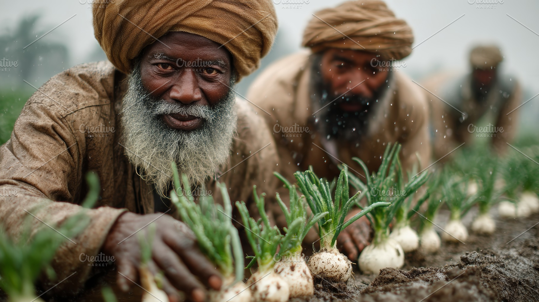 Farmers in India harvesting onions in a muddy field with traditional turbans an, a Photo by AS photostudio