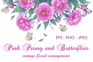 Vintage Peony And Butterflies