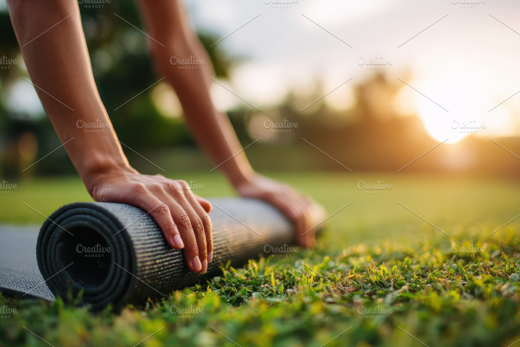 Yoga practice at sunset on grassy field, a Sports & Recreation Photo by AlyaAnd