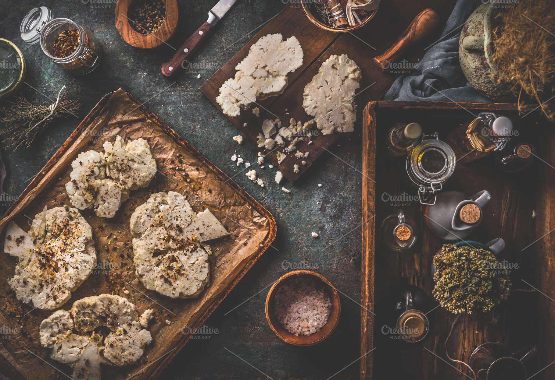 Cauliflower steaks on baking sheet, a Food & Drink Photo by VICUSCHKA