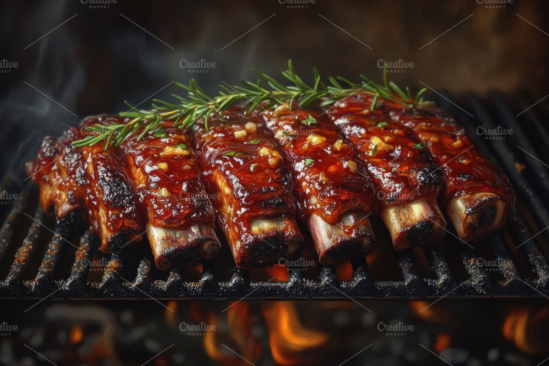 Grilled ribs coated in barbecue sauc, a Photo by Tanuart