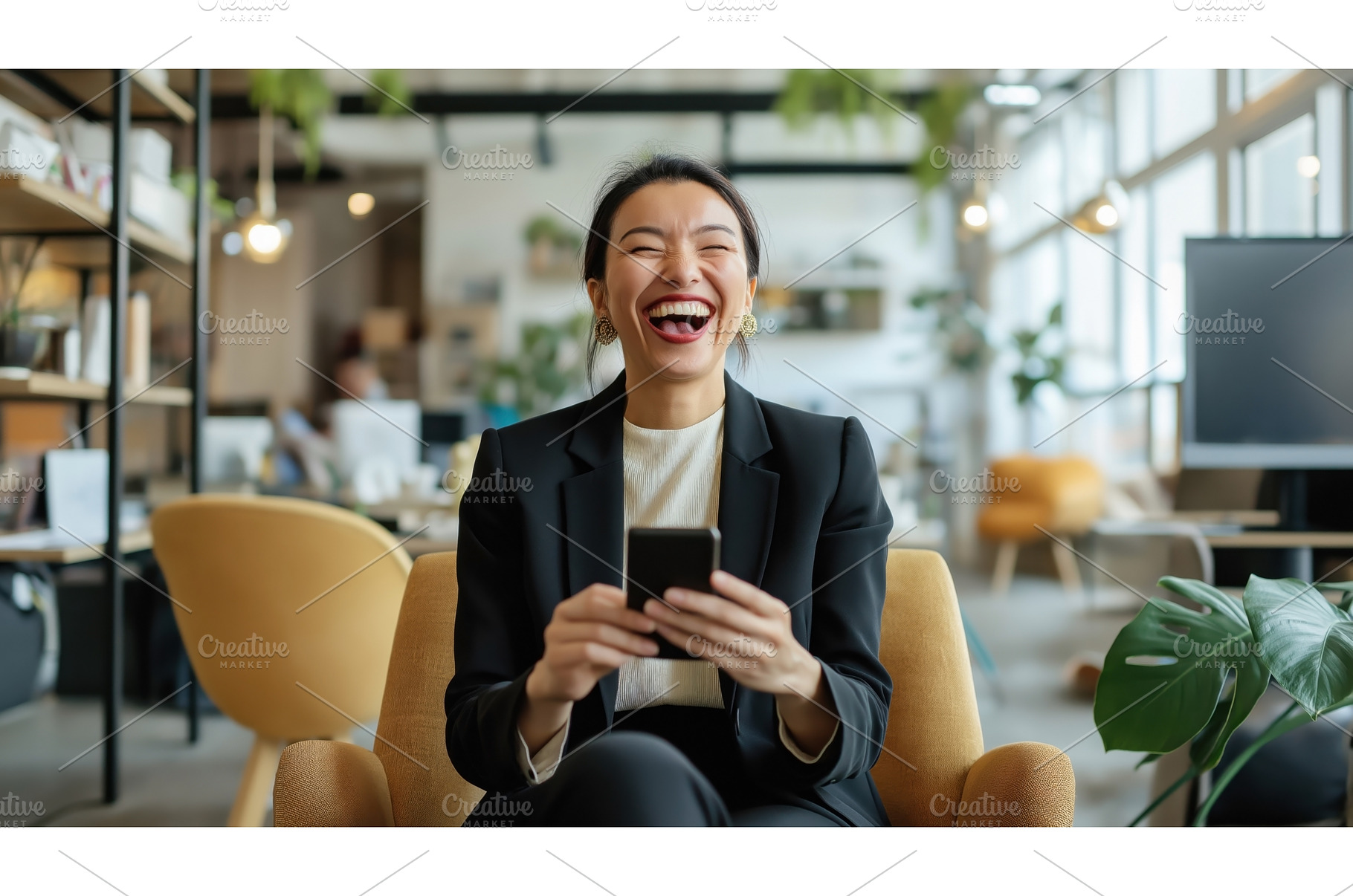 Asian businesswoman laughing while, a Person Photo by Sergey Kotenev