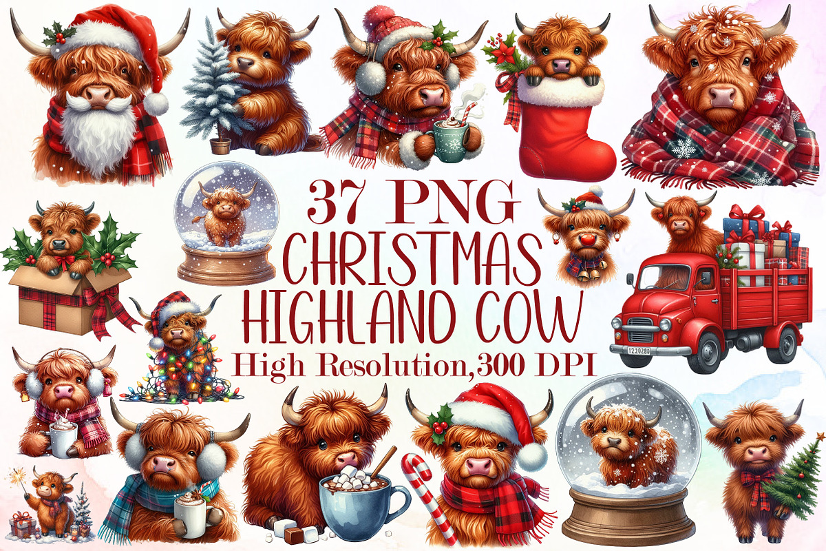 Christmas Highland Cow Clipart Bundl, an Illustration by Sublimation Artist (Photo 1 of 6)