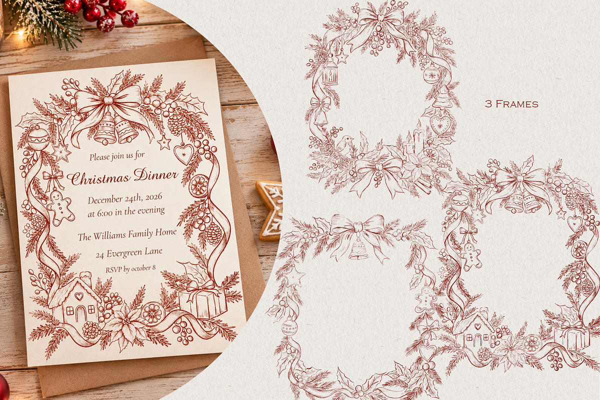 Burgundy Vintage Christmas Line Art, a Decorative Illustration by AlenaVlasko stock Market (Photo 3 of 7)