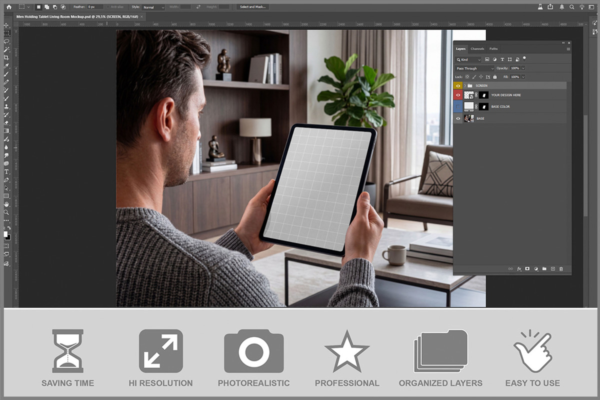 Men Holding Tablet Living Room PSD, an iPad Mockup by Bruno's Shop (Photo 2 of 3)