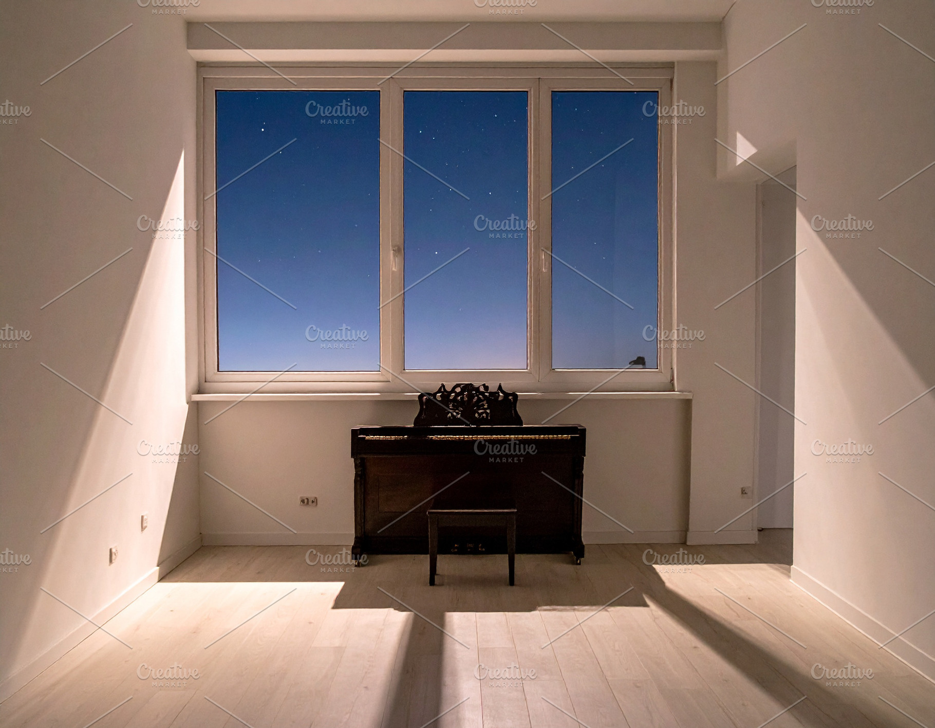 Modern room with grand piano at dusk, an Architecture Photo by DanFLCreativo