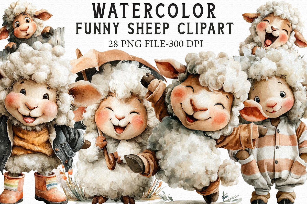 Watercolor Funny Sheep Clipart, an Illustration by Libby Wishes (Photo 1 of 7)