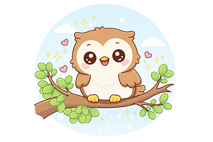 Cute Owl on Tree Branch Kawaii, an Animal Illustration by Artpon Illustration