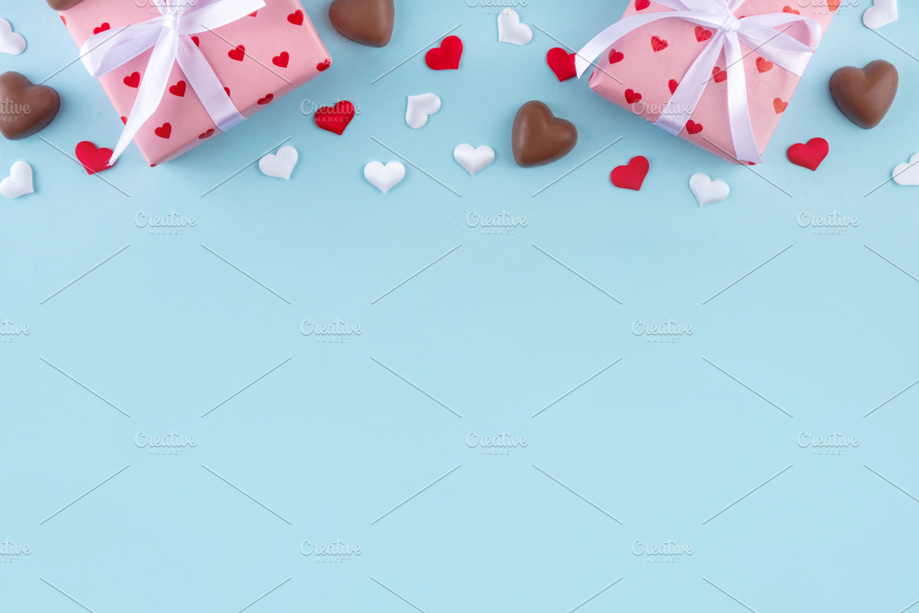 Romantic Valentine day background with hearts, gift boxes, heart, a Holiday Photo by Rimma