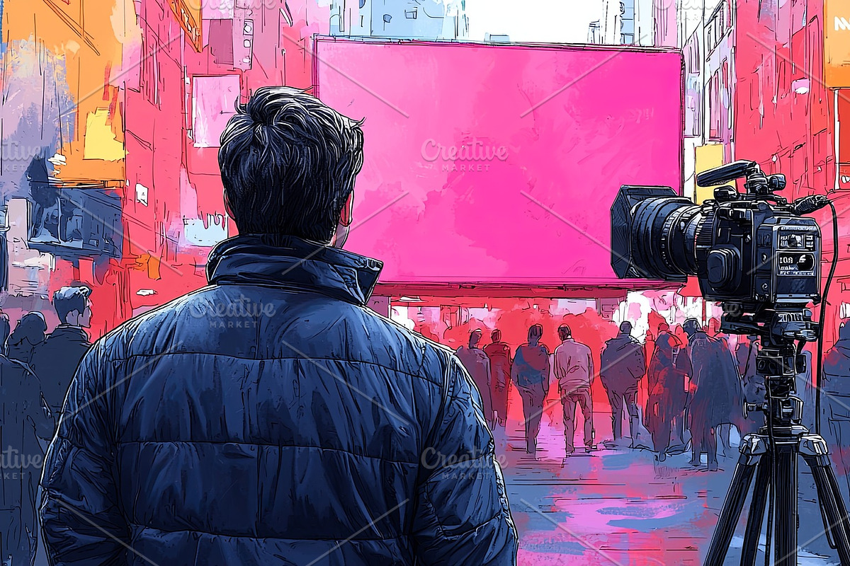 Photographer capturing urban scene with vibrant city backdrop and people gather, an Illustration by AS photostudio