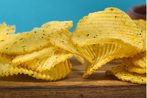 Crunchy potato chips stacked neatly, a Food & Drink Photo by darksoul72