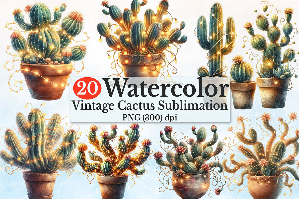 Watercolor Vintage cactus Clipart, a Seasonal Illustration by Rose Art (Photo 1 of 5)