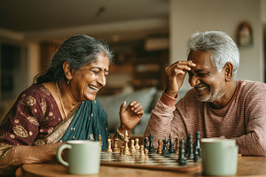 Happy senior couple playing chess at, a Photo by Pixeness Studio