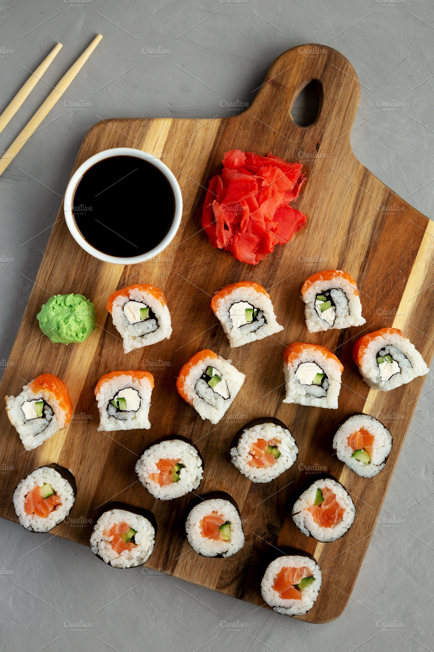 Homemade Sushi Platter with Wasabi and Soy Sauce on a Board, top, a Food & Drink Photo by LiudmylaChuhunova
