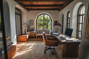 A cozy Mediterranean interior design style home office with a wooden desk, leat, an Industrial Photo by Textures & Backgrounds