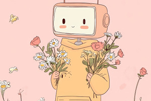 Robot holding flowers in arms, a Photo by Dvoevnore photos