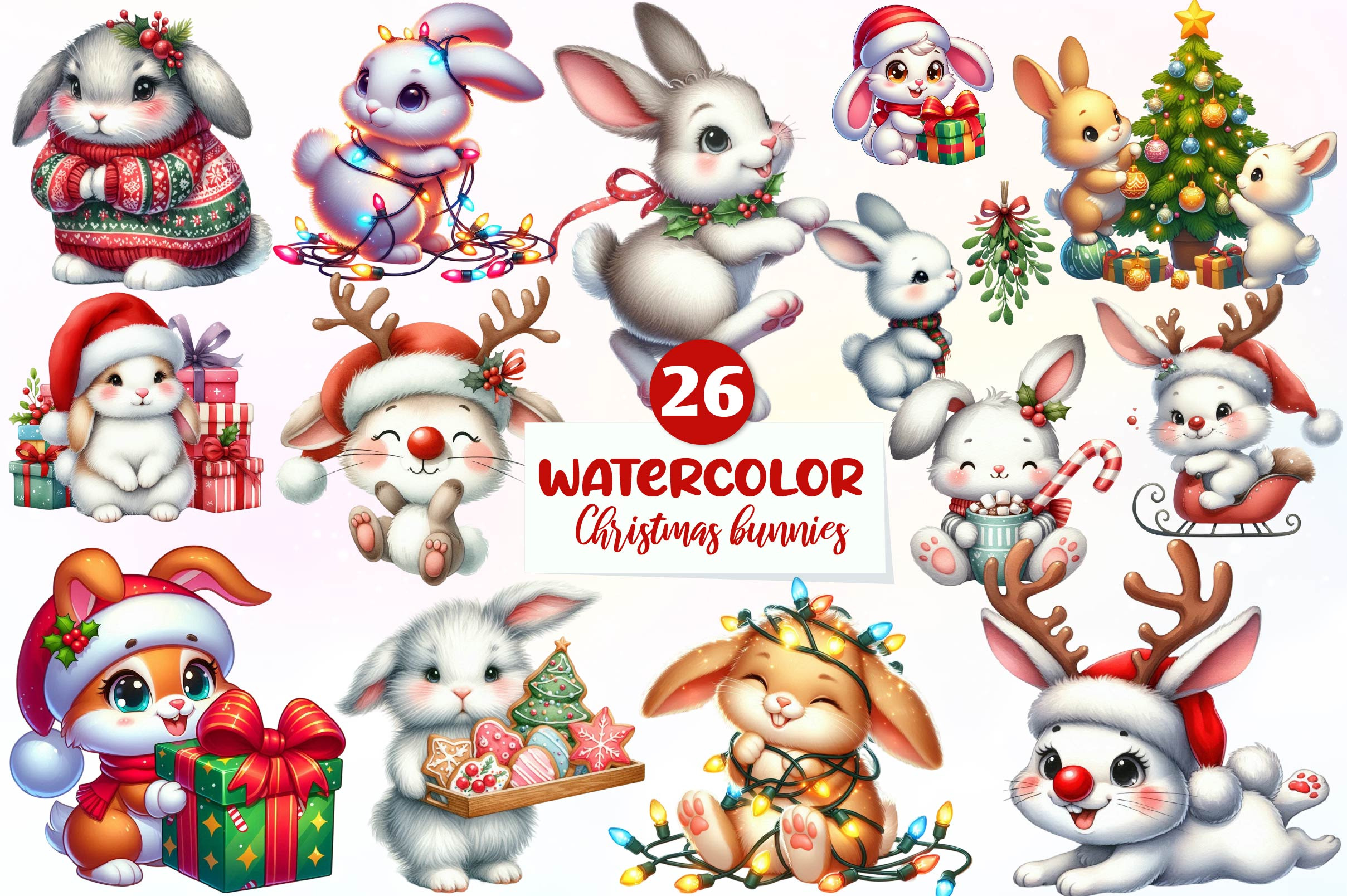 Watercolor Christmas bunnies Clipart, an Illustration by CreationArt