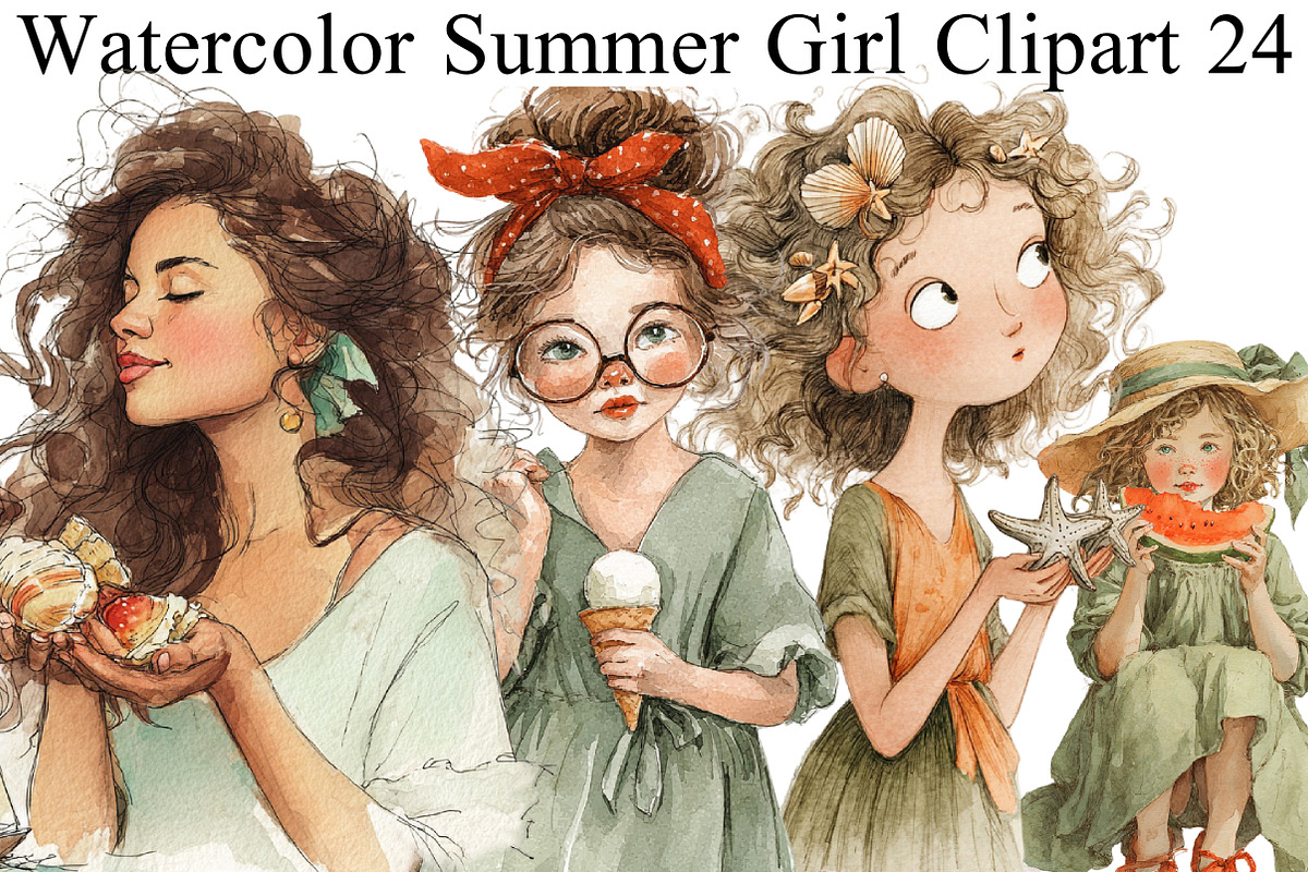Watercolor Summer Girl Clipart, an Illustration by DreamArtGraphic (Photo 1 of 8)