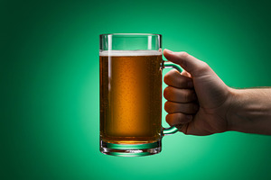 Hand holding a glass mug of beer aga, a Food & Drink Photo by professorinc