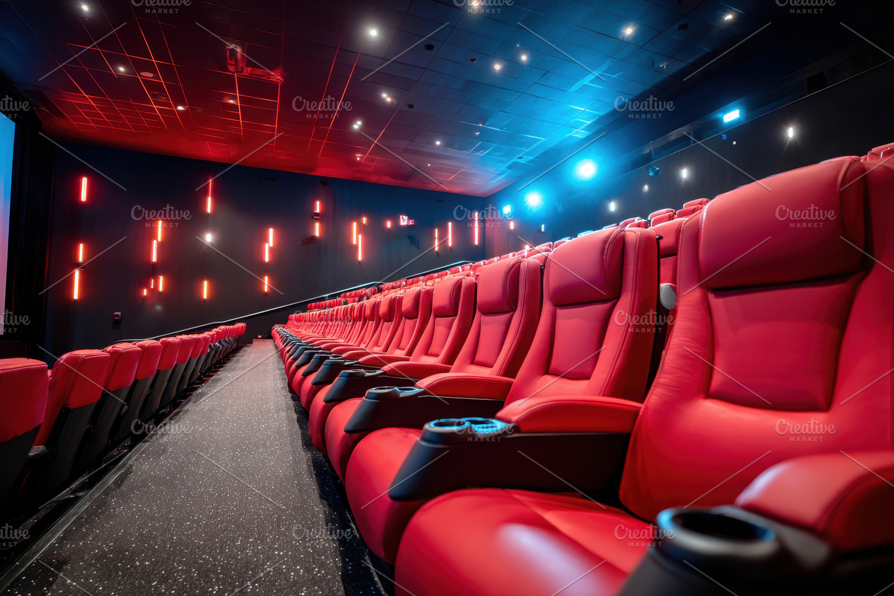 Modern cinema interior with plush red seating, an Arts & Entertainment Photo by AlyaAnd