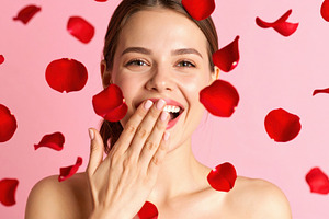 Happy woman smiling with falling rose petals, a Person Photo by Davizro's Market