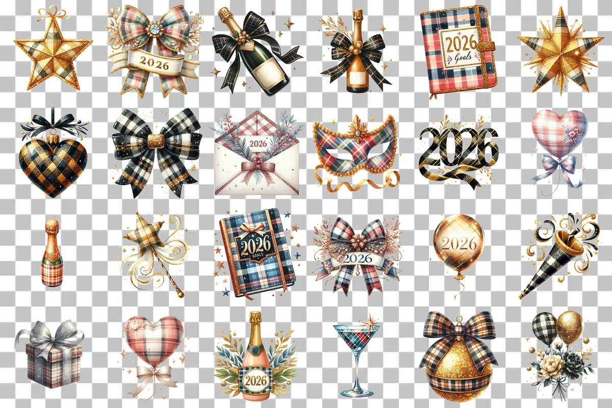 Glittery Plaid New Year Clipart, an Illustration by DreamCafeArt (Photo 3 of 6)
