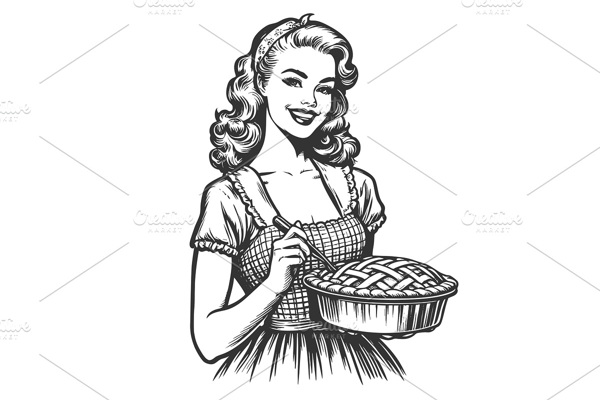 Smiling woman with homemade pie, a Person Illustration by AlexArt