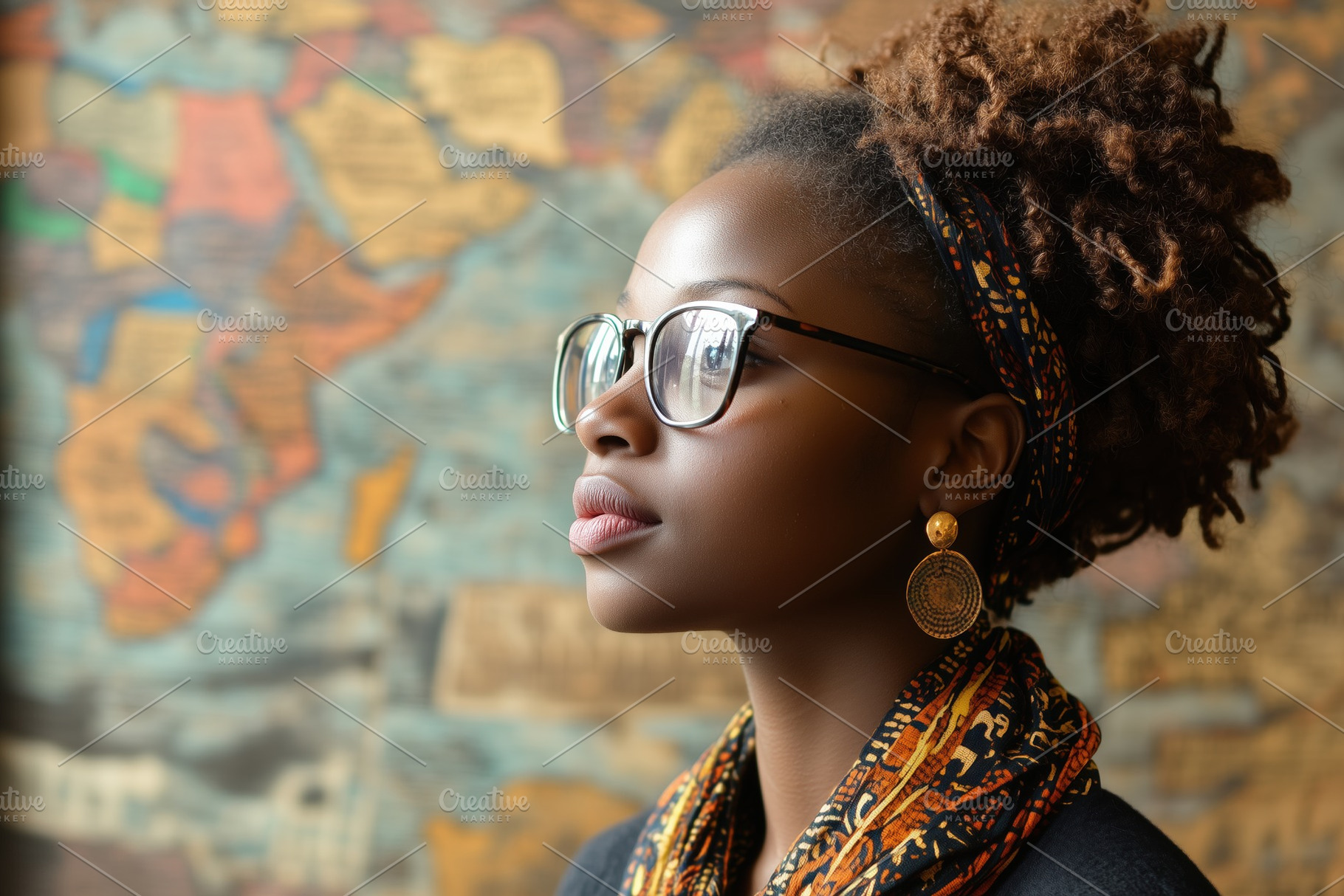 A profile portrait of a young african woman with curly hair, wearing glasses an, a Person Photo by Textures & Backgrounds