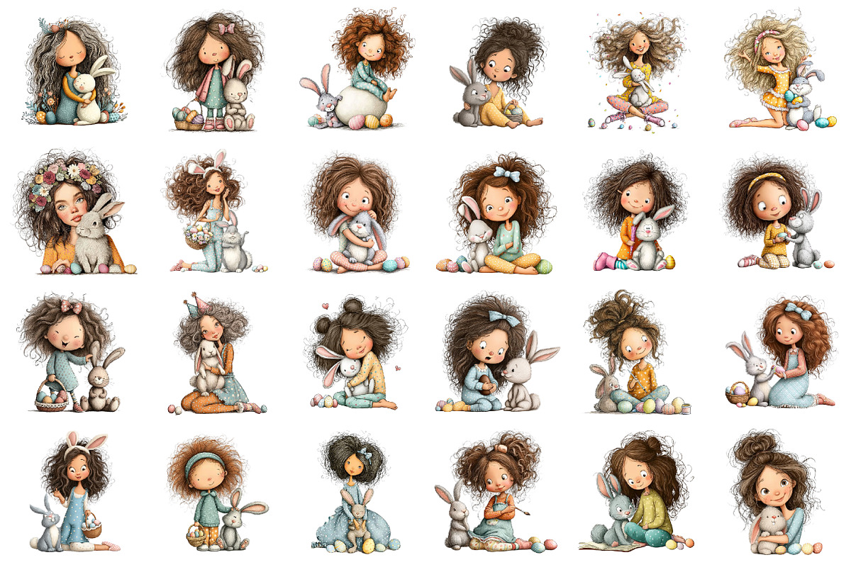 Whimsical Easter Girl and Bunny Clip, an Illustration by designcity5 (Photo 2 of 5)