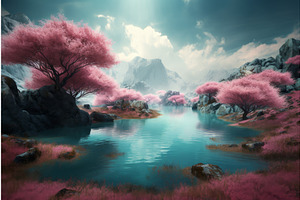 Pink Magical Forest Lake. Generate