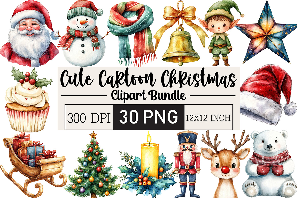 Cute Cartoon Christmas Clipart, an Illustration by Black Bird Studio (Photo 1 of 6)